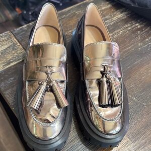 Stuart Weitzman Metallic Silver Tassel Loafers